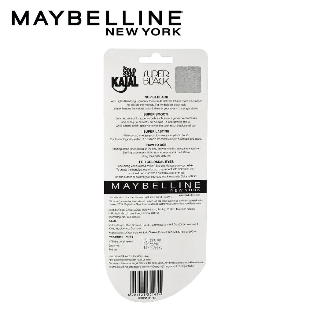 Maybelline New York Colossal Kajal Super Black 0.35g Waterproof Smudge Proof Long Lasting Eye Pencil Intense Color Sharp Definition Eyeliner