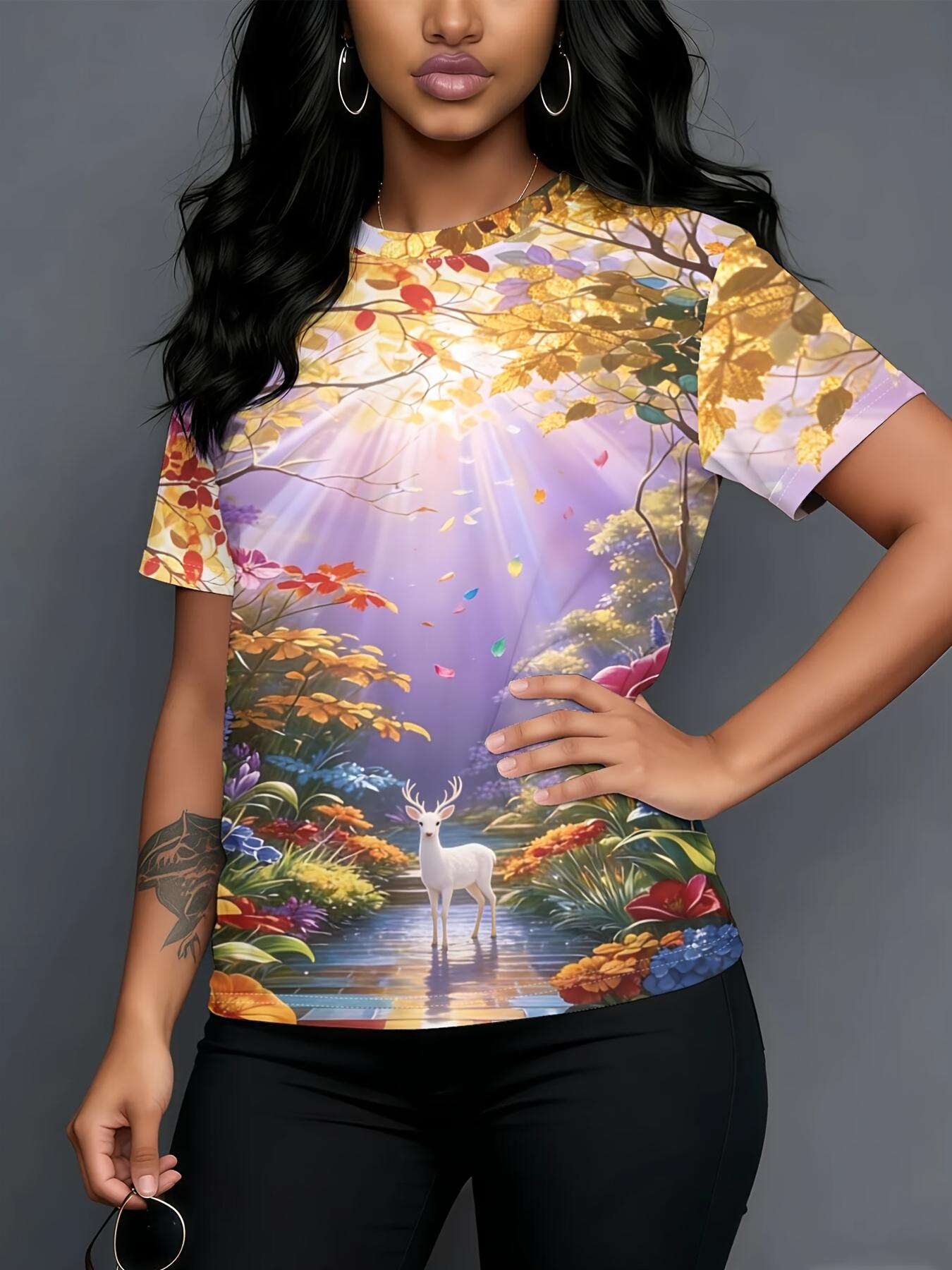 

[Printed Design- No Texture] Forest Light S New SpringSummer Trendy Digital Print Casual Crew Neck T-Shirt Features a Fashionable Crew Neck And Short S дубильная кора