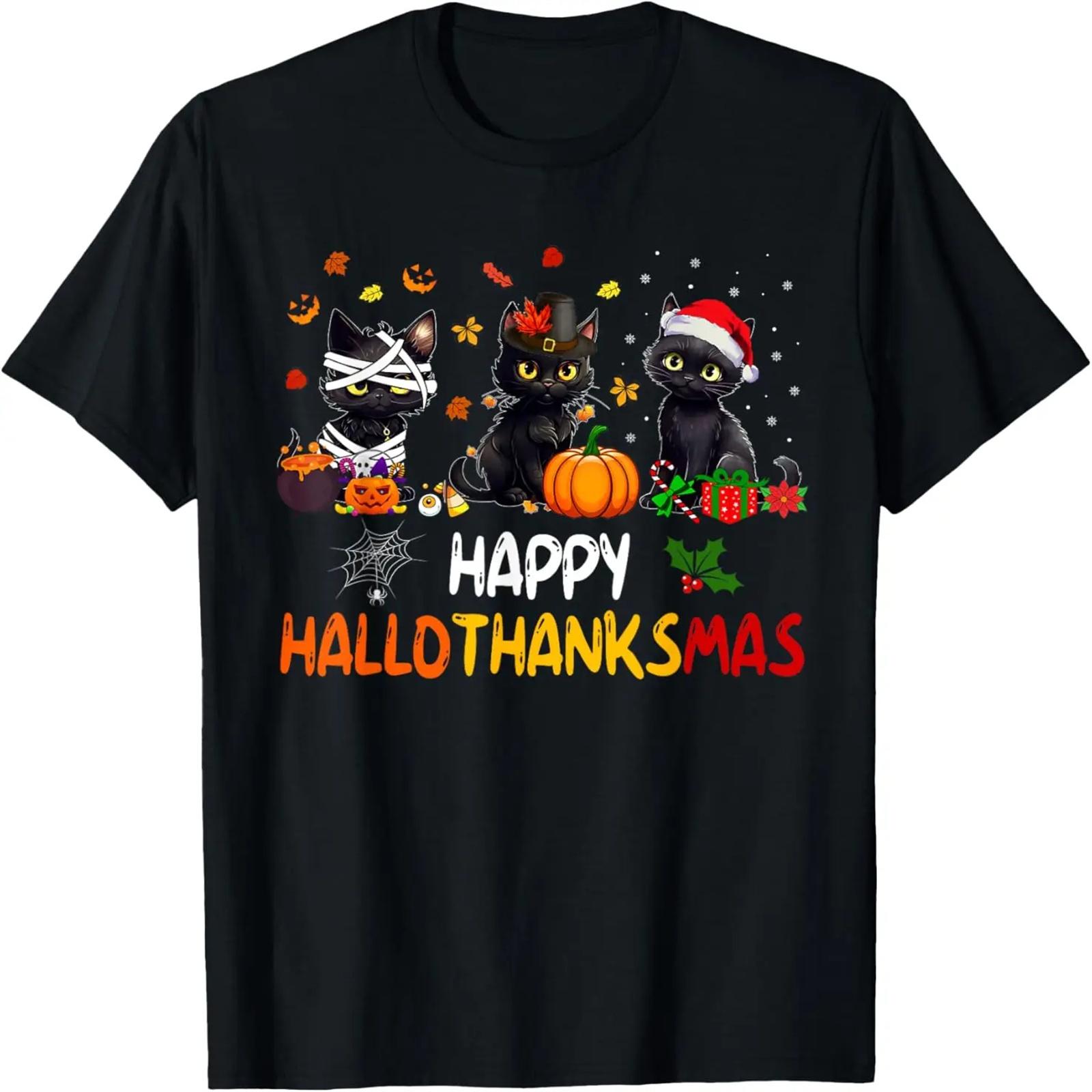 

Funny Cat Happy Hallothanksmas Halloween Thanksgiving Xmas T-Shirt XXXXXL чёрный