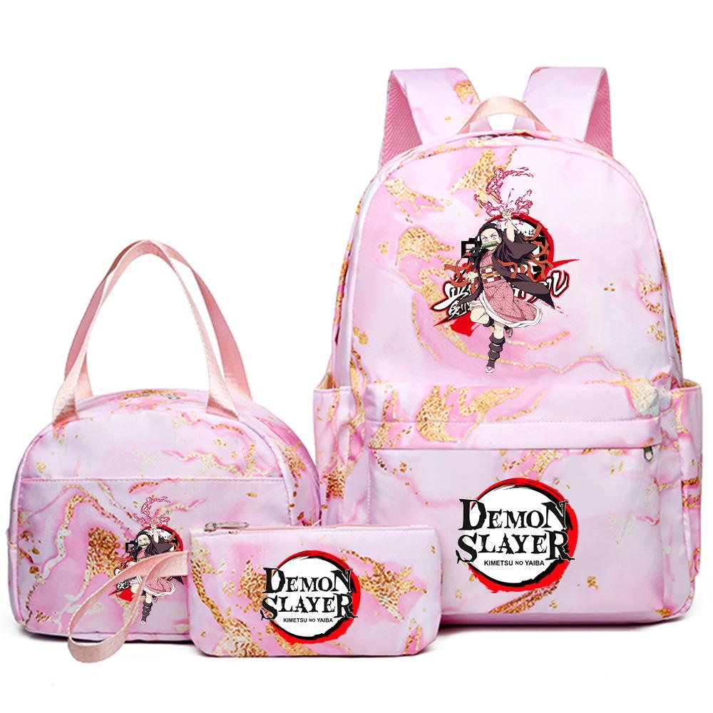 3Pcs/set Demon Slayer Printed Backpack Handbag Pencil Case for Teenager Student Girl Boy Bookbag Schoolbag Women Large Capacity Waterproof Travel Bag