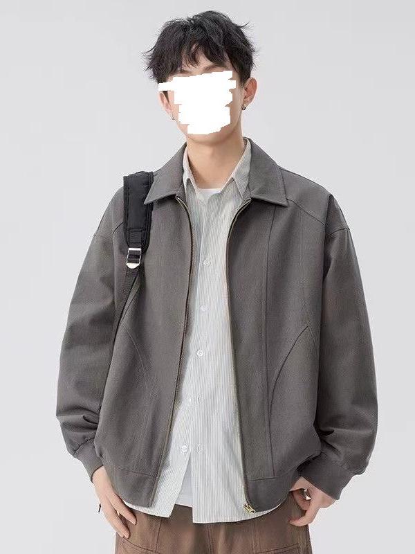 Men's American Retro Versatile Loose Jacket - Autumn Solid Color Fashion with Simple Lapel and Zipper