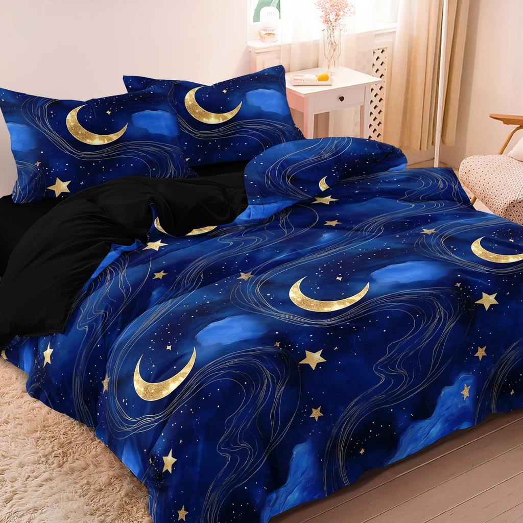 3 Pieces Dark Blue Galaxy Golden Moon Star Print Duvet Cover Set, Night Sky Gold Swirl Star Celestial Printed Bedding