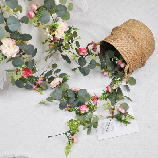 Artificial Eucalyptus Garland with Peony Flower Faux Floral Greenery Garland for Wedding Party Table Centerpiece Room Backdrop Decor