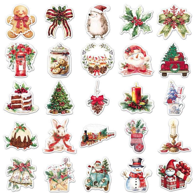 50 Retro Watercolor Christmas Stickers Holiday Decorations Hand Curtain Water Cup