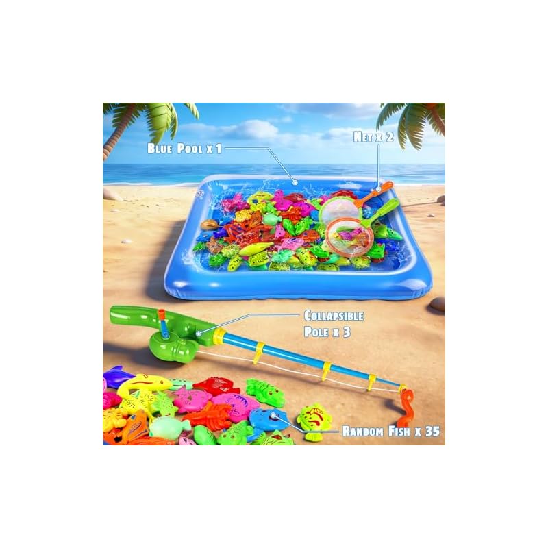 CozyBomBTM Magnetic Fishing Toy Game Set | Water Play - Bath - Pool - Includes Fishing Rod and Net | Floating Fish and Sea Creatures | Ages 3-8 Kids