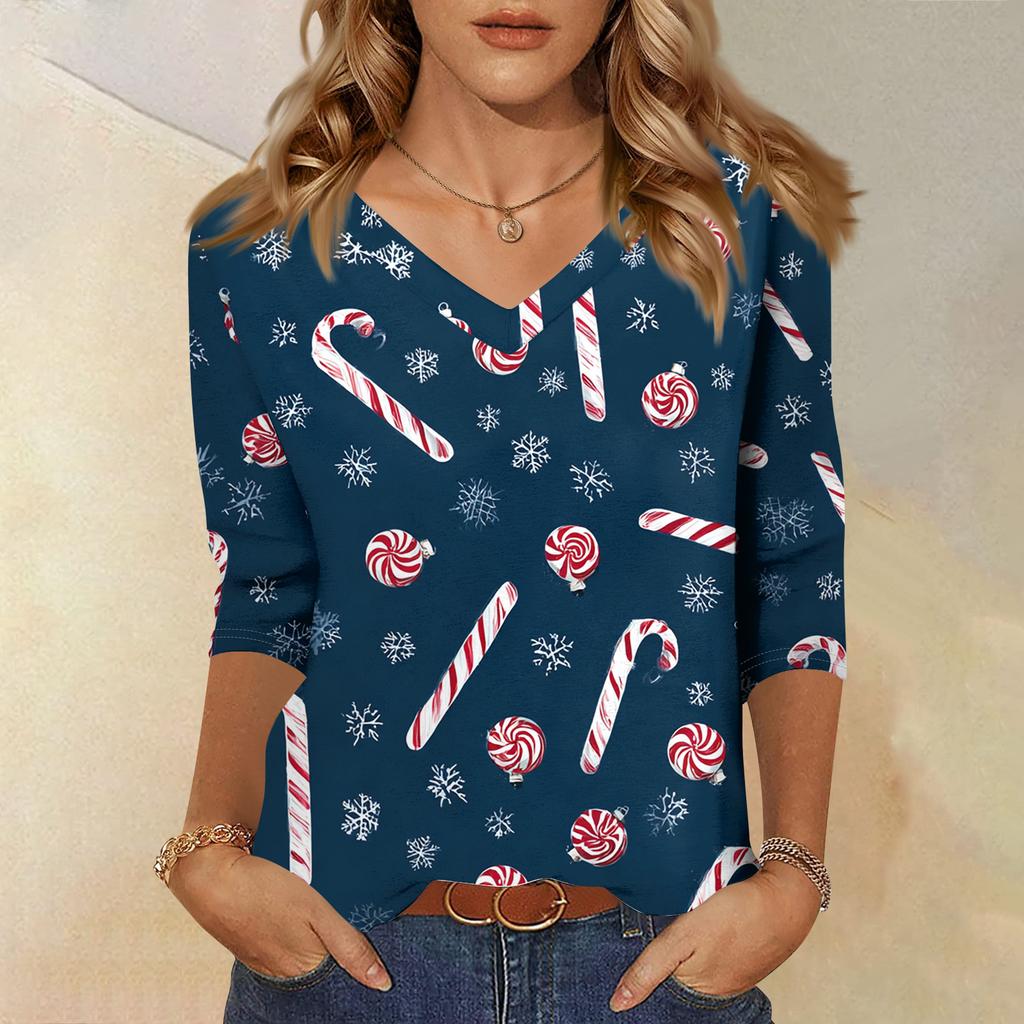 Women's T Shirt CHristmas Print 3/4 Sleeve Daily Weekend Fashion Basic V- Neck Regular Top