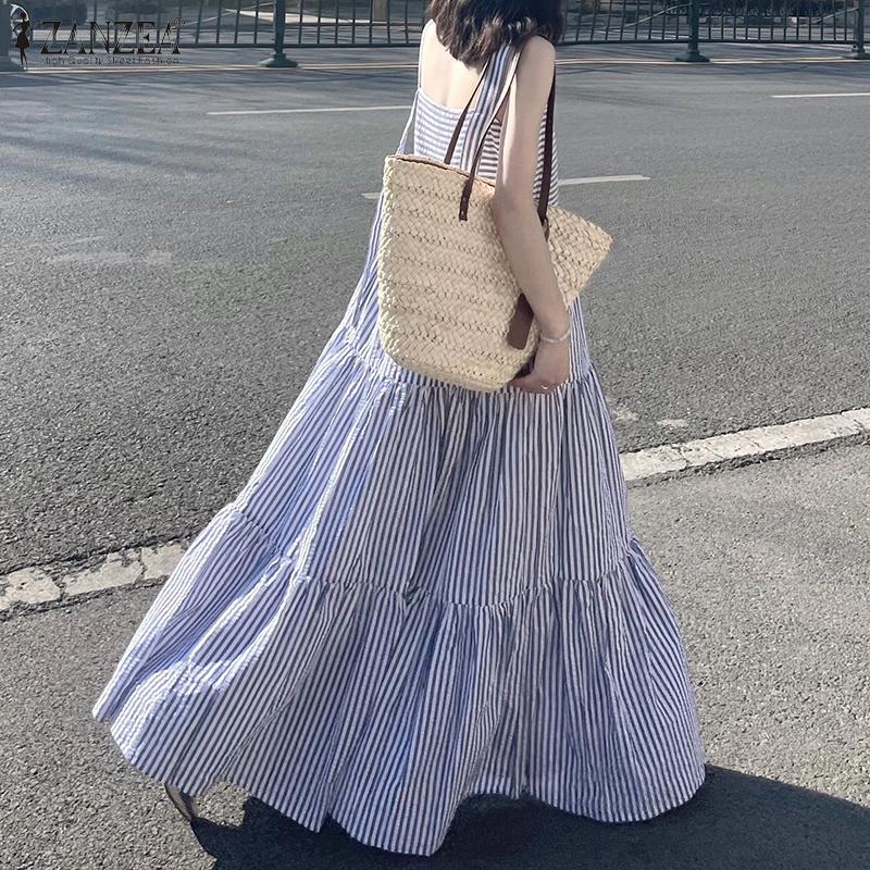 ZANZEA Womens Square Collar Summer Casual Sleeveless Long Dress