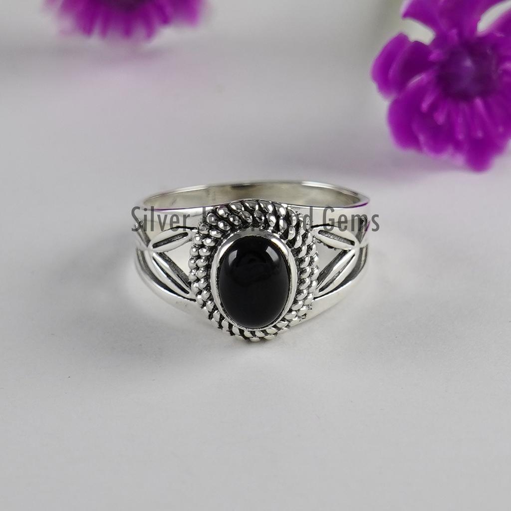 Black Onyx 925 Sterling Silver Ring, Handmade Boho Gemstone Ring