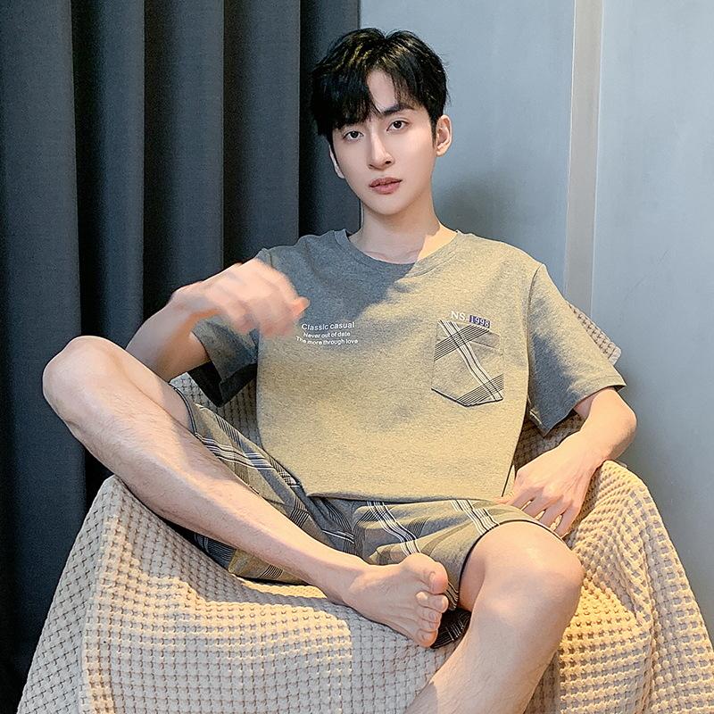 Cotton Nightwear Men Cartoon Bear Student Pajamas Homewear Youth Striped Tops and Pants Solid Sleepwear Loungewear