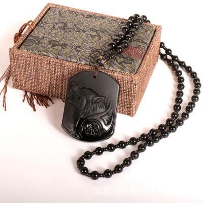 Natural Black Obsidian Carving Wolf Head Amulet Pendant Obsidian Blessing Lucky Pendant
