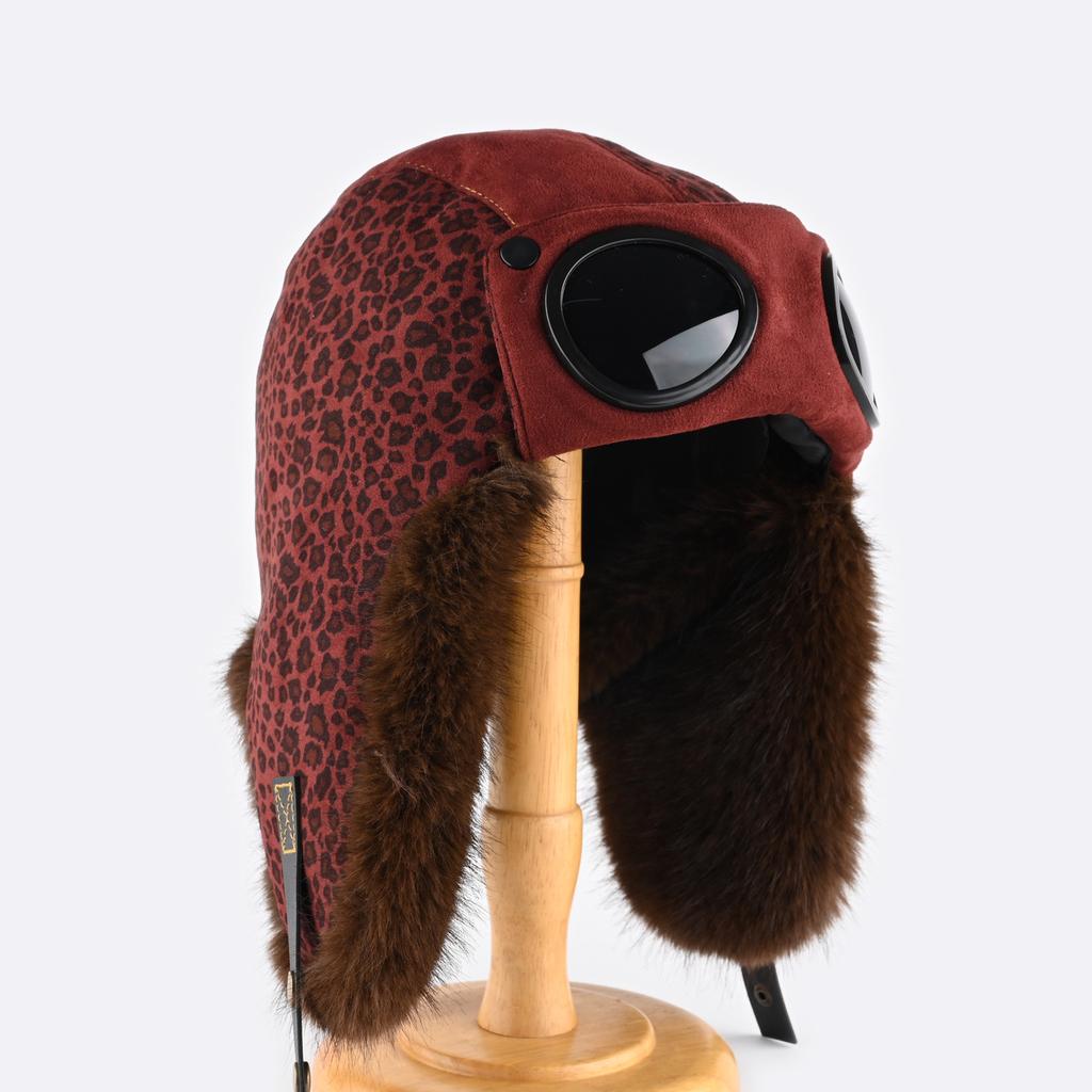 Leopard Print Goggles Cap Men and Women Winter Velvet Thickened Warm Pilot Hat Cycling Ear Protection Hat