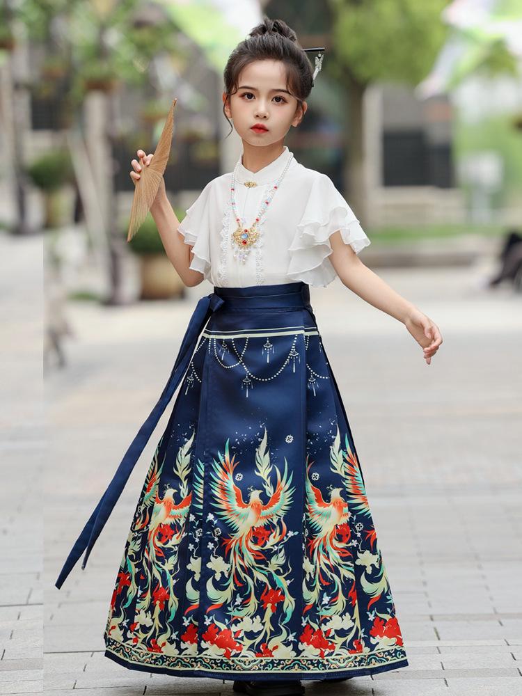 Mädchen Chinesischer Stil Pferd Gesicht Rock Set: Sommer Hanfu Kleidung, Ming-Stil Tang-Anzug