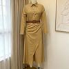 Robe chemise d'été pour femme à manches longues, col en V, boutonnée, ceinturée, longue, style bohème, froncée, tenues de vacances à la plage