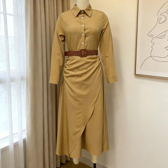 Robe chemise d'été pour femme à manches longues, col en V, boutonnée, ceinturée, longue, style bohème, froncée, tenues de vacances à la plage