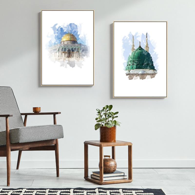 Islamisches Gebäude Moschee Kaaba Leinwand Poster Landschaft Religion Aquarelle Dekorative Malerei Moderne Bilder Wohnzimmer Dekor