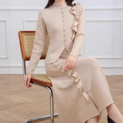 Semi-turtleneck Metal Buckle Knitted Sweater Skirt Set Autumn and Winter New Elegant Style Sweater Set Women
