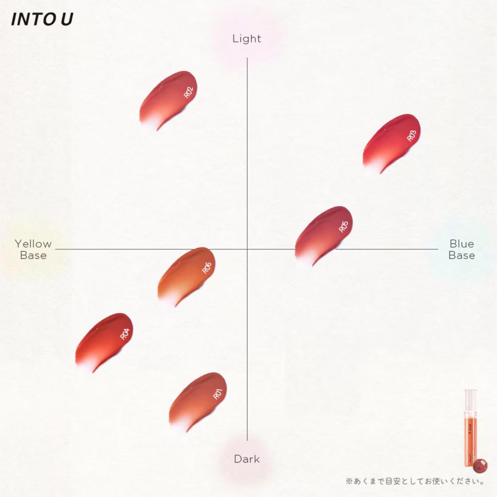 INTO U Lip Tint Water Reflecting Lip Tint R01 Love at First Sight Amaretto Ginger #R06 Tempting Chocolate Liqueur