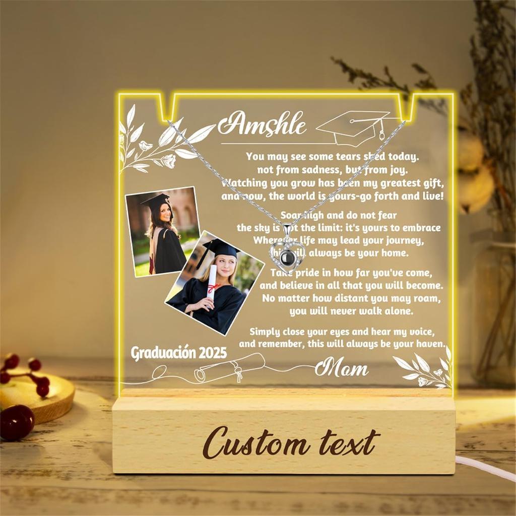 Personalized Graduation Lamp Custom Photo Name Projection Necklace Funny Graduation Gift for Daughter Son Students Graduates Classmates High School