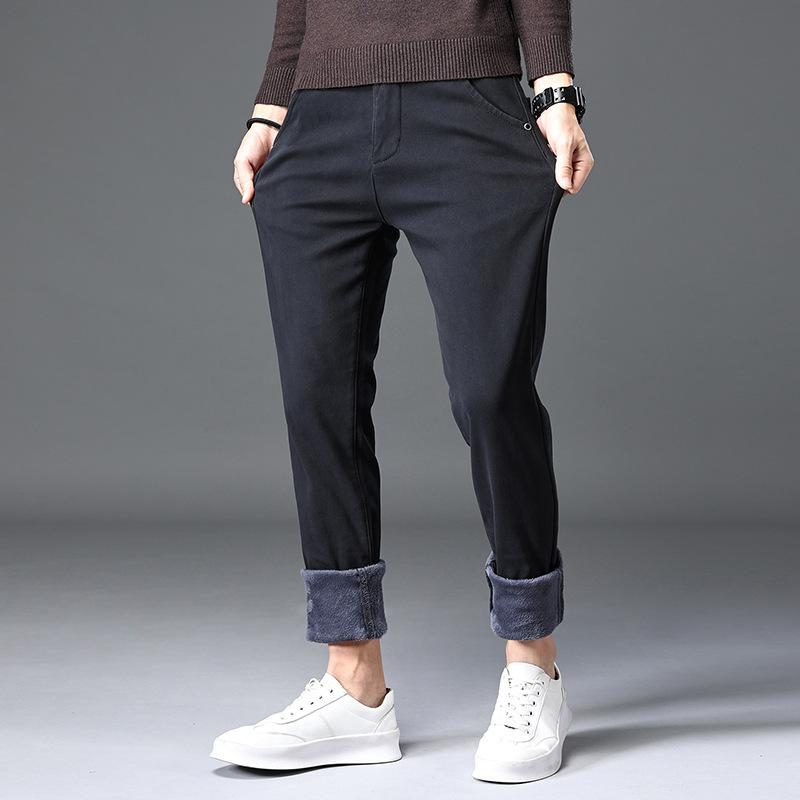 

Осенне-зимние новые мужские плюшевые толстые повседневные облегающие эластичные брюки с короткими штанинами, модные теплые брюки 38 чёрный