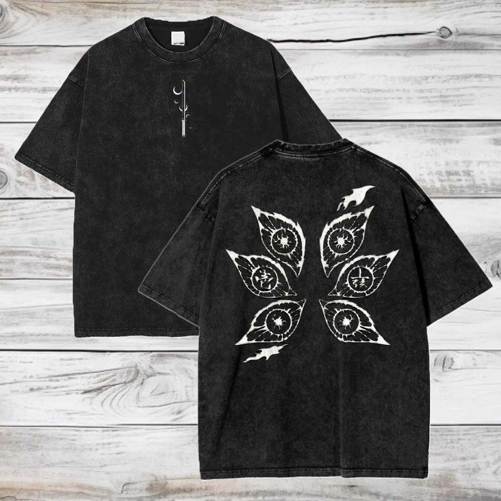 Demon Slayer Kokushibo Vintage Washed Graphic Print T Shirt Unisex Crew Neck Short Sleeve Cotton Casual Streetwear Fashion Tees Tops for Men Women