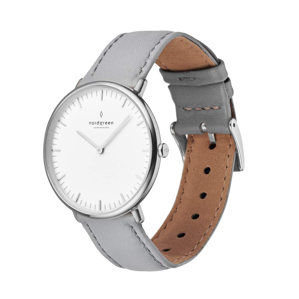 

Nordgreen Native Unisex Серебряные часы Nordic Design с белым циферблатом 36 мм Серый кожаный ремешок