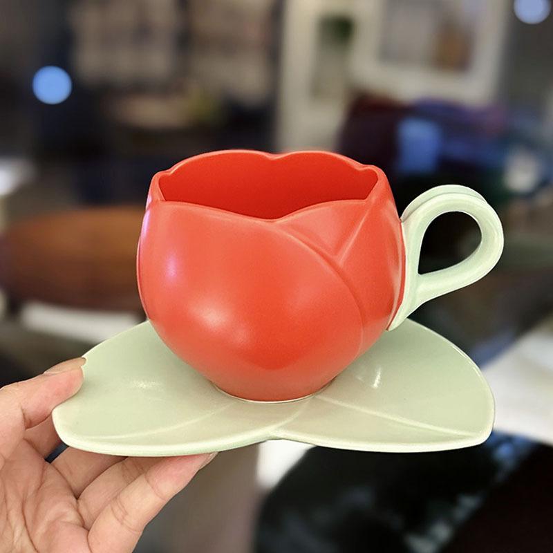 

Relief Ceramic Tulip Shaped Coffee Cup with A Niche Design Sense Office Girlish Heart High Appearance Level Exquisite Cup and Plate 300ml