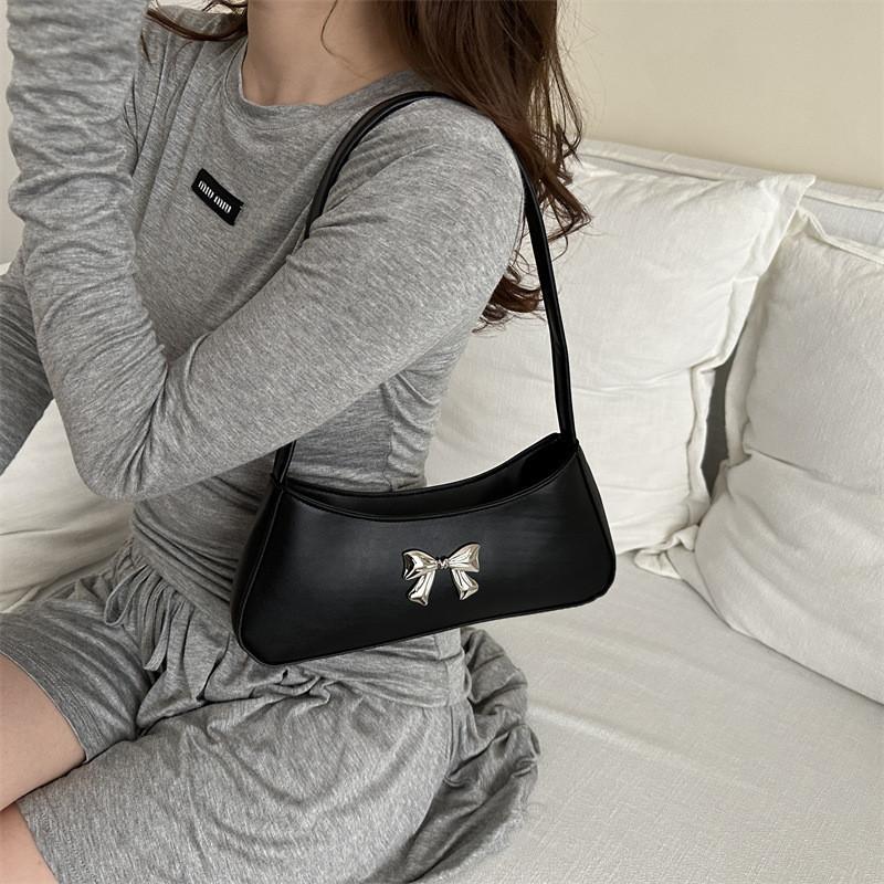 Chic Bowknot Korean Style Soft Leather Baguette Bag For Summer 2024 In Trendy Colors