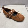 Leather version~ leather retro French rivet bow flat sole shoes women's light ** fork belt Mary Jane women's shoes