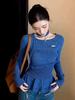 Women's Korean Style Blue Irregular Long Sleeve T-shirt - Chic Slim Fit for Autumn/Winter