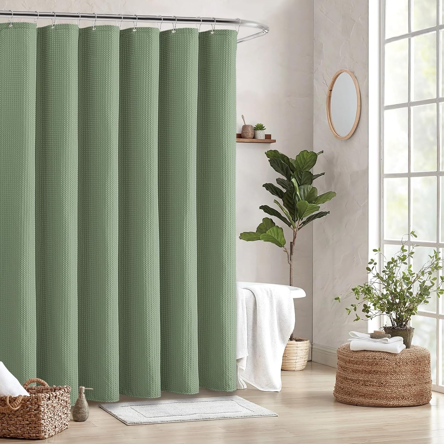 

180x180cm Shower Curtain Waffle Weave Textured Oil-proof Shower Curtain for Bathroom Luxury Waterproof Curtain with 12 Hooks 180*180cm зелений