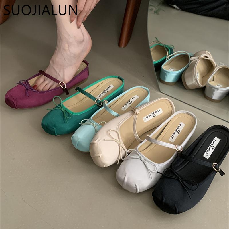 Fashion SUOJIALUN 2025 Spring New Women Flat Slipper Fashion Round Toe Slip On Mules Shoes Low Wedge Heel Outdoor Dress Sandal Slides Sh