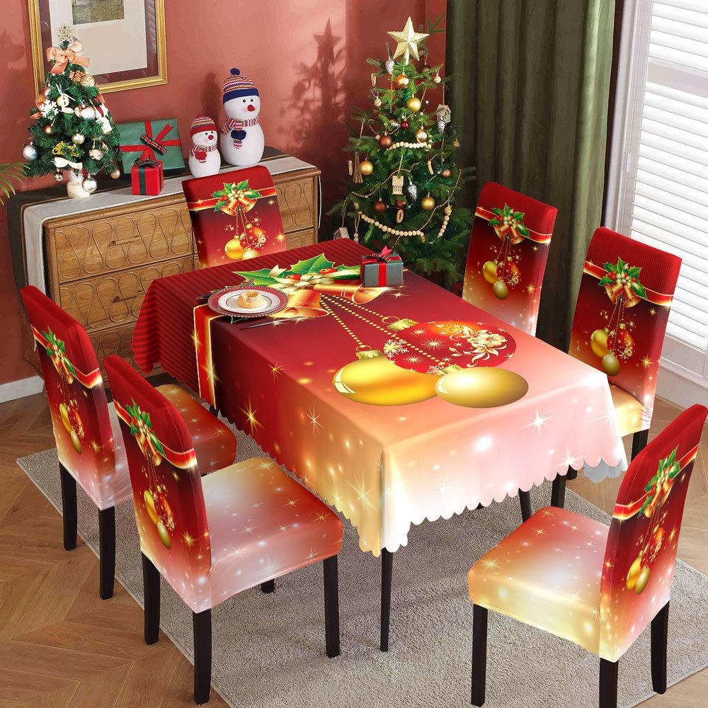 Christmas Waterproof Printed Tablecloth and Chair Covers Set Holiday Dining Decor
