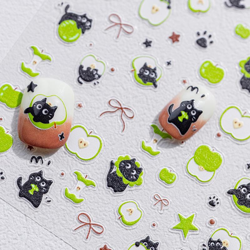 Sky Cute Bow & Green Apple Cat 3D Embossed Nail Stickers
