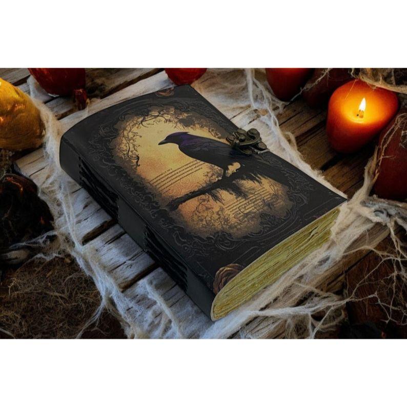 Leather Journal Gothic Notebook The Raven Grimoire Print - Vintage Handamde Journal Book of Shadows Witchcrafts Journal Gifts for Men,