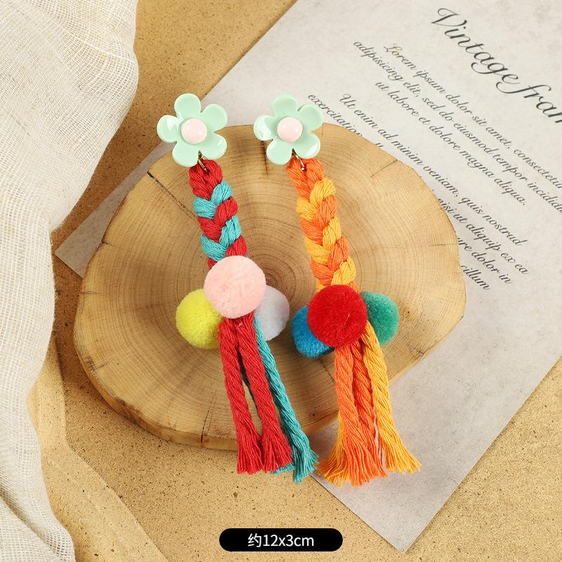 Pompom Earrings Women's Long Personalized Colored Hairball Stud Earrings Vintage Bohemian Vacation Fringed Earrings