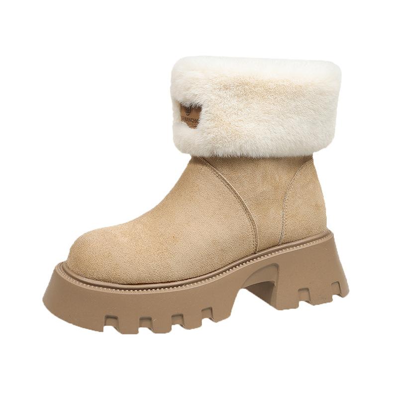 2025 New Thick-soled Heightening Snow Boots Women's Winter Plush Warm Retro Thick Heel Pile Fur Collar Short Boots