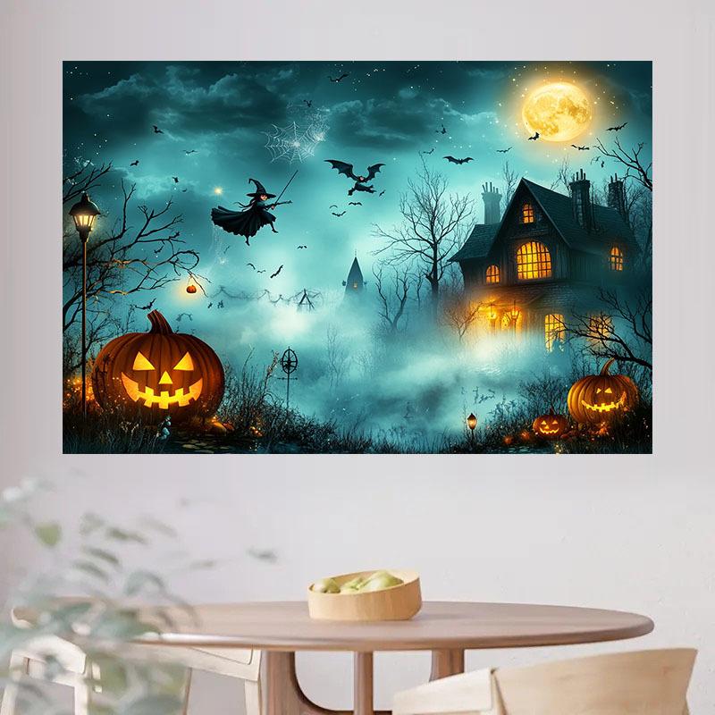 2D plane 1 magical haunted house scene featuring witches bats pumpkin lanterns and a full moon