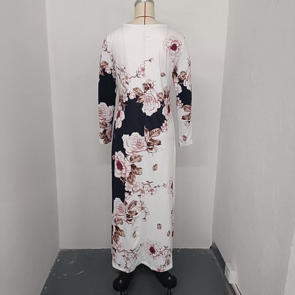 Women's Long Sleeve Round Neck Printed Pocket Long Elegant Dress