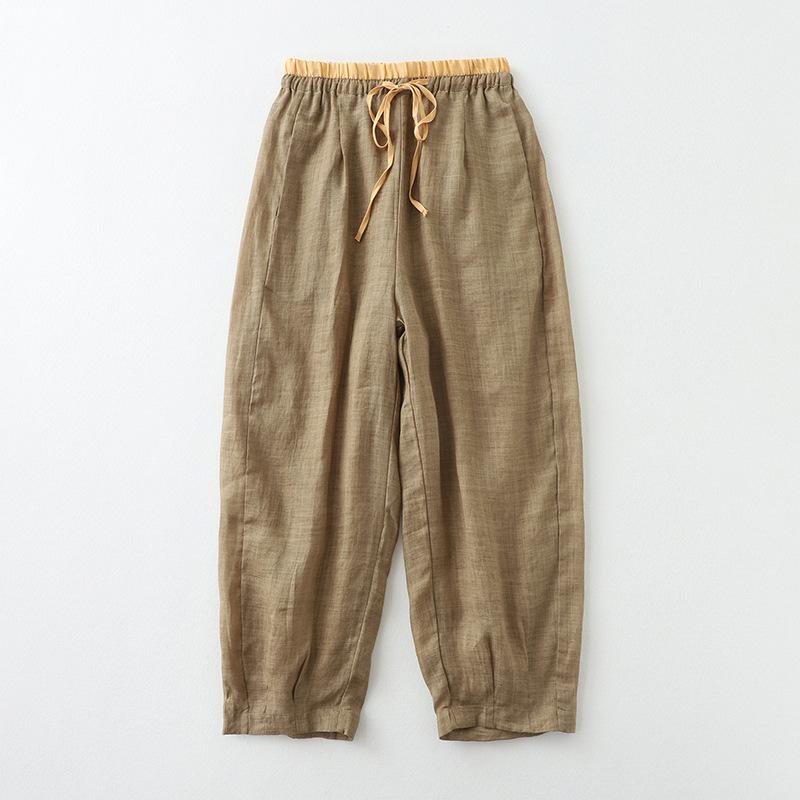 Summer Elastic Waist Stitching Lace-up Fine Cotton and Linen Loose and Comfortable Nine-point Pants Harem Pants Casual Women's Pants