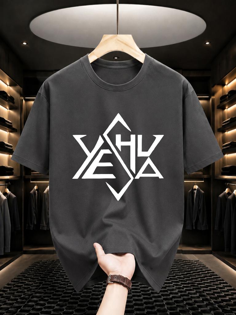2026 New Arrival 100 Cotton Tshirt Geometric Hexagram Yeshua Letter Print Crew Neck Tops Unisex Trendy Loose Fit Casual Short Sle