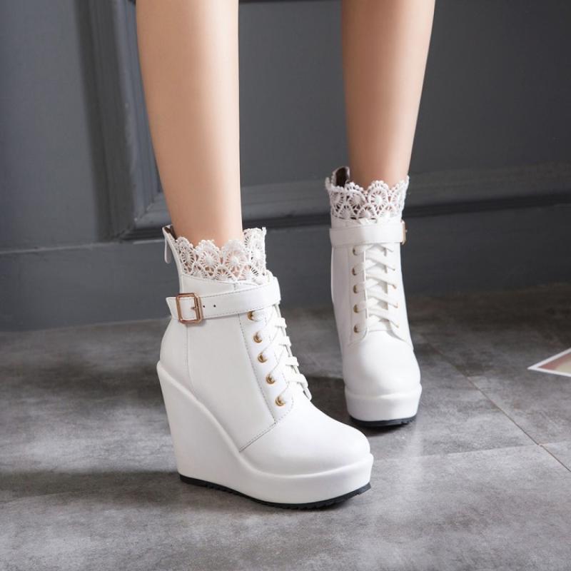 

British Style Women s Boots Mid Calf Street Style High Quality Boots 11.5CM Wedges Heel Metal Decoration Outdoor PartyWomenShoes 34