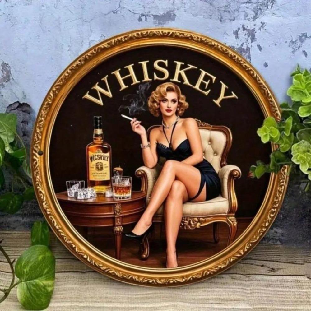 Vintage Whiskey Lady Metal Wall Art Rustic Round Iron Sign Home Bar Cafe Decor