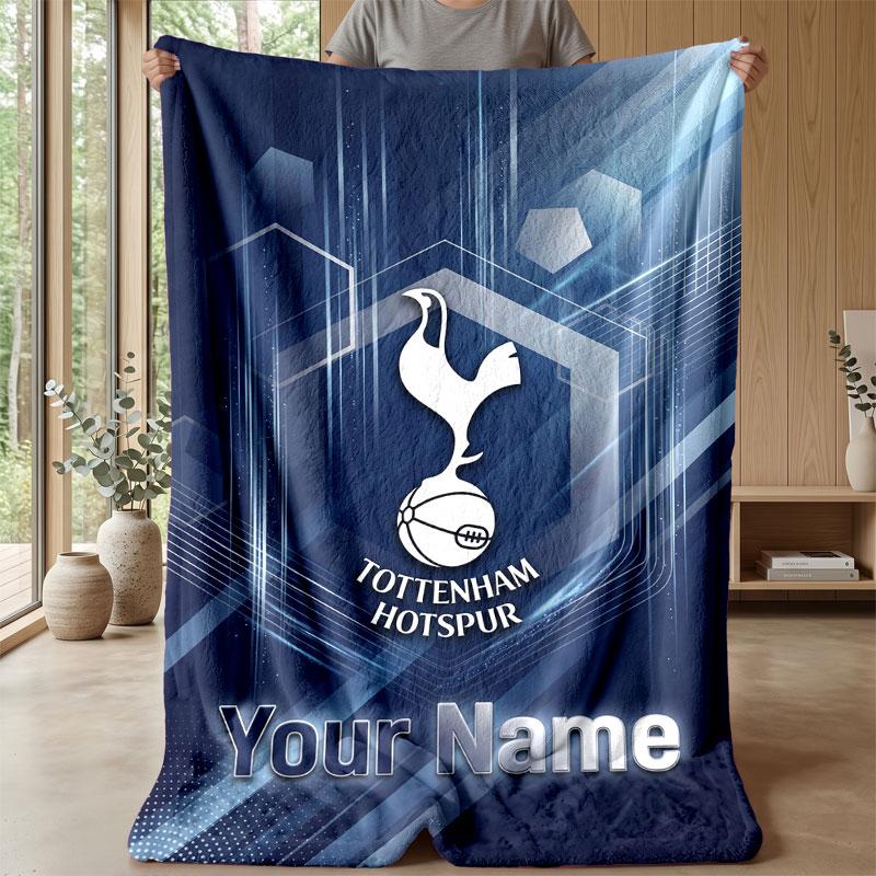 Tottenham Hotspur FC Custom Name Text Flannel Blanket Soccer Logo Personalized Fleece Throw Blanket Special Gift For Sofa Bedroom Home