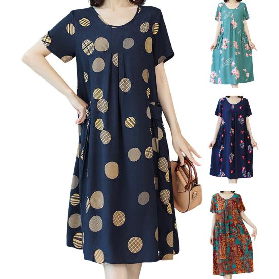 Mother Dress O Neck Colorful Short Sleeve Plus Size Flower Print Big Pockets Summer Dress Daily Clothes