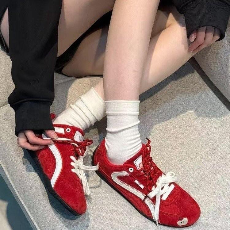 Keep version~ Red retro German training shoes versatile color matching lace-up casual sports shoes women's thin-soled Forrest Gump shoes women's shoes