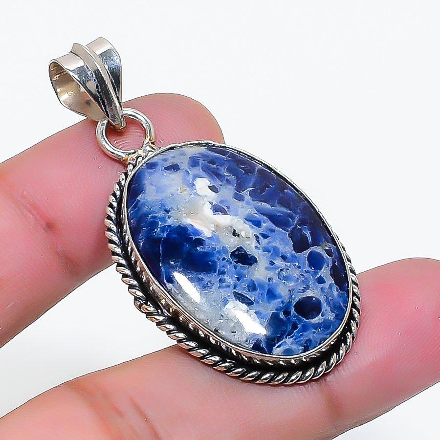 Natural Sodalite Gemstone Handmade 925 Sterling Silver Pendant 1.77" AP-15870