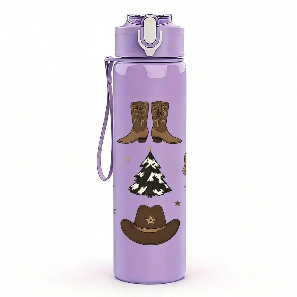 1PC Cowboy Boot Bow Christmas Set 750ml Color Plastic Sports Water Bottle Leakproof Flip Straw Lid Suitable for Sports Office Home Use