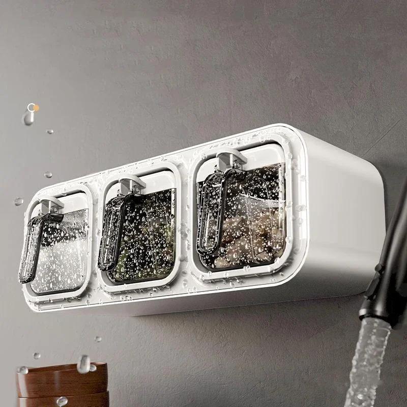 Kitchen Wall Mount Jars for Spices Salt and Pepper Shaker Seasoning Jar Spice Organizer With Spoons Condiment Organizer Box