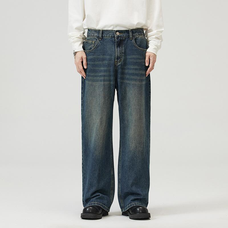 Simple Men's Denim Pants Casual Washing Solid Color Menswear Bottom Middle Waist Straight Wide Leg Loose Male Jeans 2025 Spring Autumn