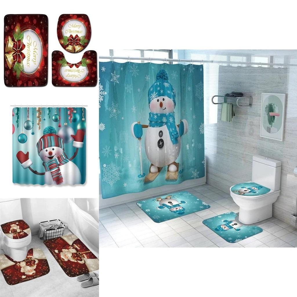 4pcs Christmas Shower Curtain And Toilet Cushion Set Cover Mat For Festive Bathroom Decor